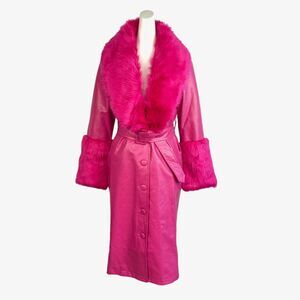 Finesse Willa Hot Pink Vegan Leather Coat Faux Fur Collar Trench Jacket Sz XS